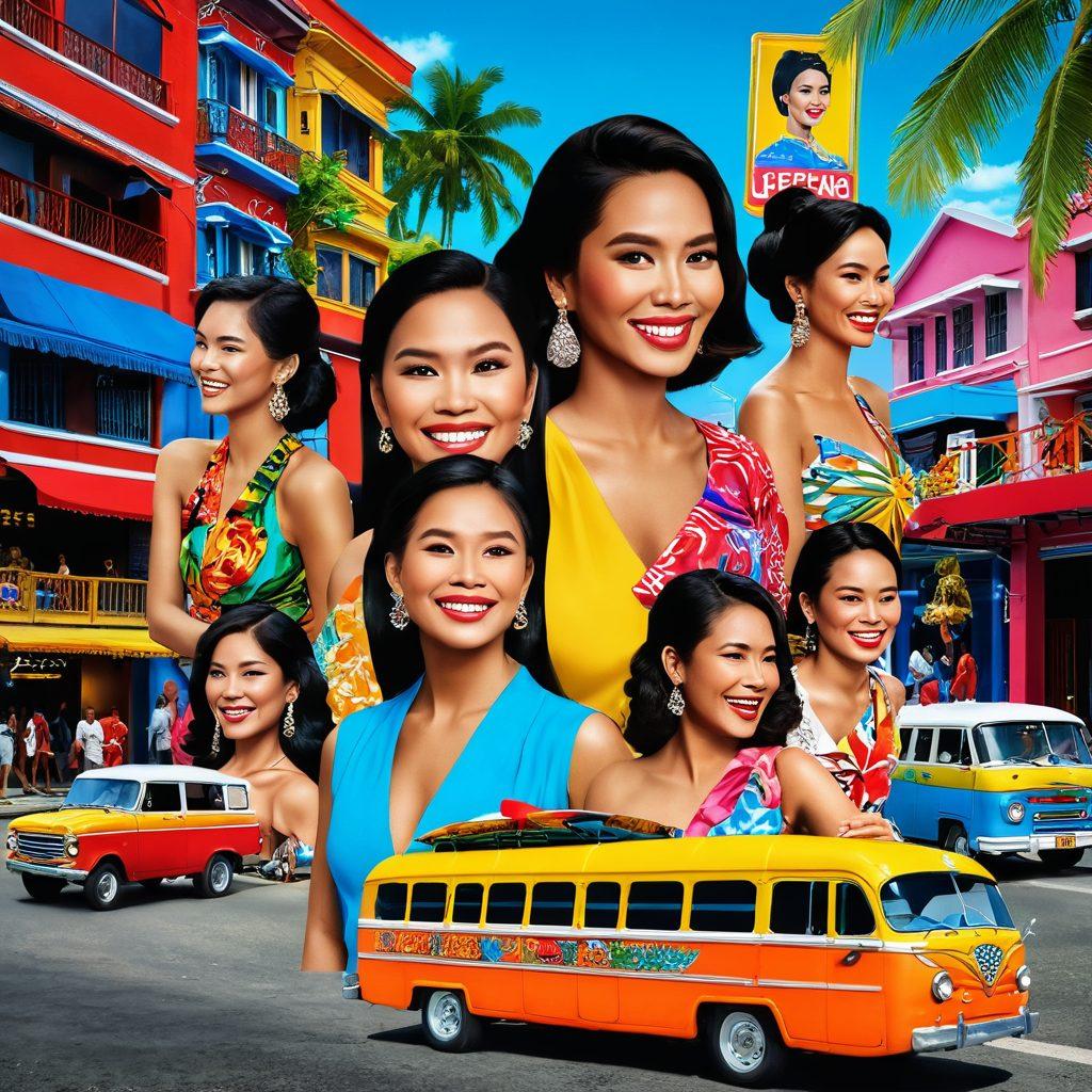 A lively montage of Filipina icons, celebrating both celebrity glamour and local humor, featuring a celebrity in glamorous attire sharing a laugh with everyday locals in traditional clothing, vibrant street scenes with playful antics, iconic Philippine symbols like jeepneys and tropical landscapes blending into the background. colorful and cheerful. vibrant colors. 3D.