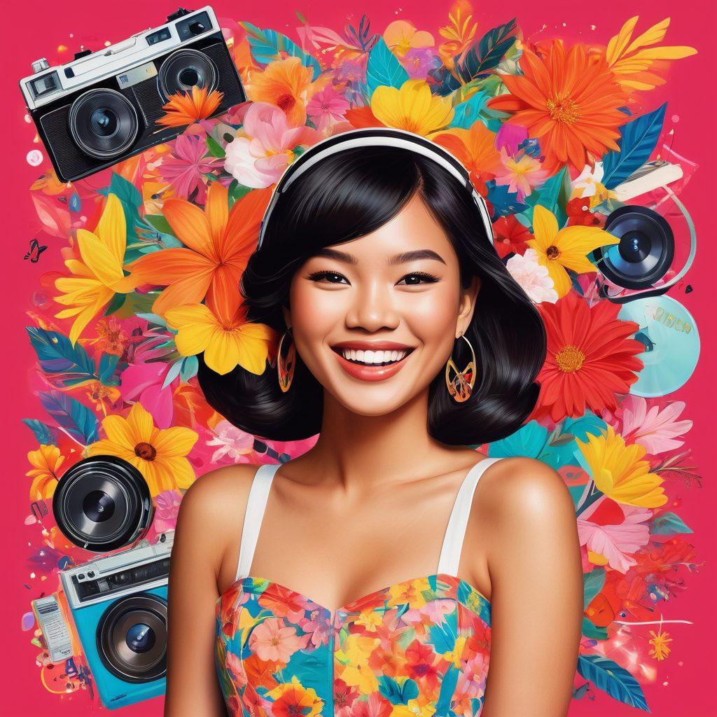 A colorful collage featuring joyful Filipinas embracing pop culture, surrounded by iconic symbols like music notes, film reels, and fashion items. Bright florals and playful graphics fill the background to emphasize vibrancy. Their smiles radiate happiness, capturing the essence of their influence in the entertainment world. The atmosphere is festive and lively, drawing the viewer into a celebration of joy and culture. bright colors. playful vector art. energetic vibe.