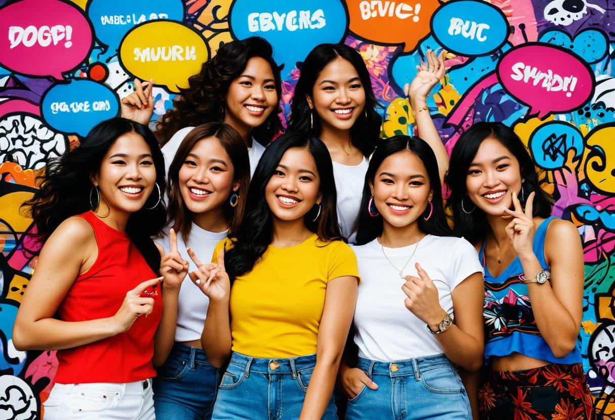 A dynamic scene showcasing a diverse group of Filipina women passionately engaging in a lively discussion, surrounded by colorful pop culture icons like music, films, and art. The backdrop features elements of traditional Filipino culture intertwined with modern trends, symbolizing their impact on narratives. Bright colors radiate through graffiti-style art on the walls, capturing the essence of creativity and empowerment. Add playful, whimsical elements like speech bubbles and emojis to express the cheerful controversies. vibrant colors. digital art.